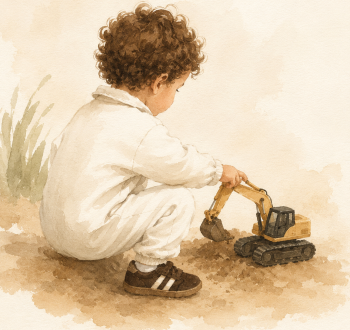 Watercolor illustration of a child playing with a toy digger
